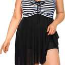 Daci Plus Size Two Piece Swim Dress with Shorts for Women Mesh Swimsuits Flowy Bathing Suits (XXL, Black and Striped)