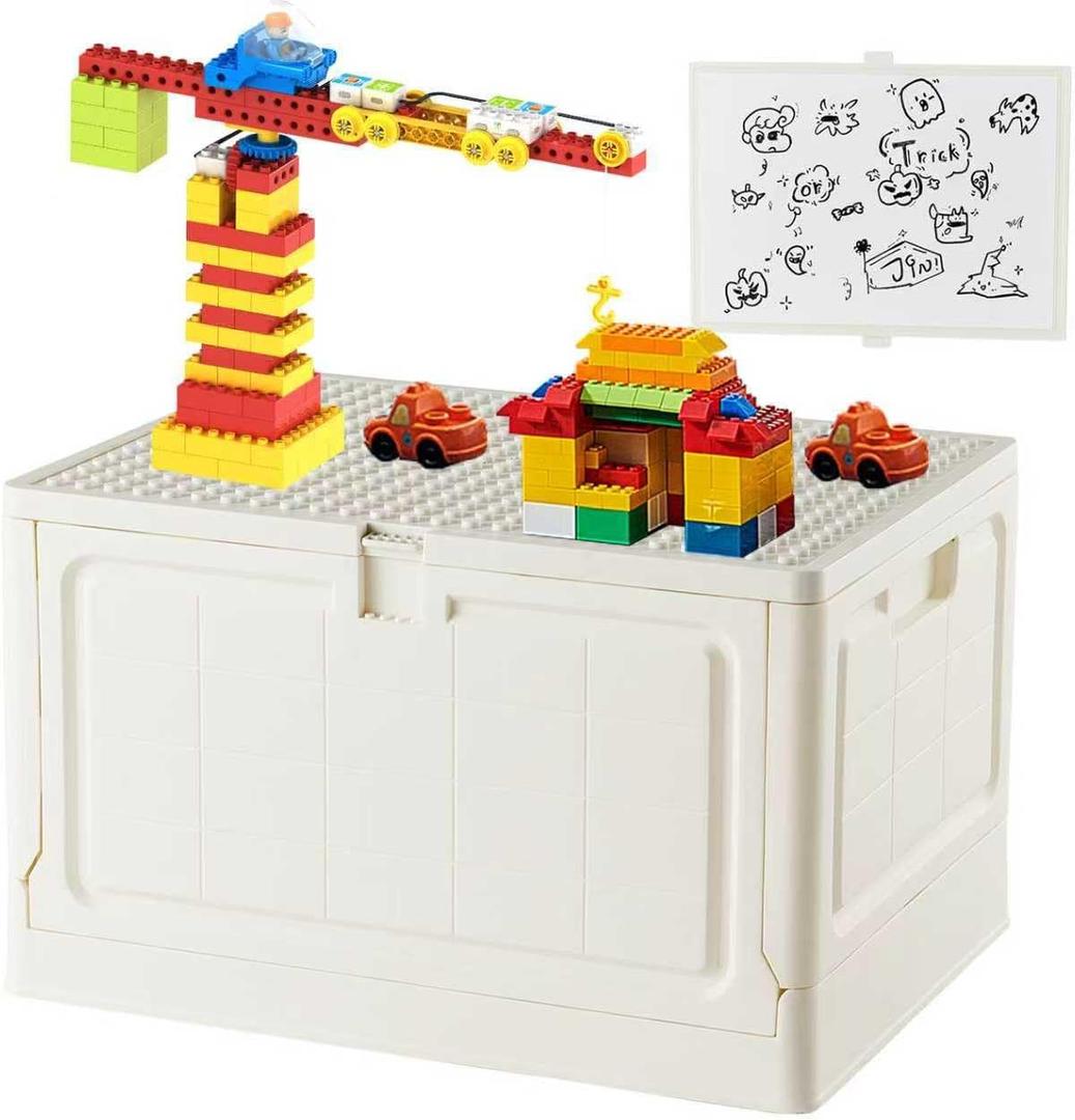 BOSEDSANG Folding Storage Box with Large Building Lid for Duplo Blocks, 28L Collapsible Storage Bin with Back Drawing Board, 29 Qt. Container Storage- 1 Pack- White
