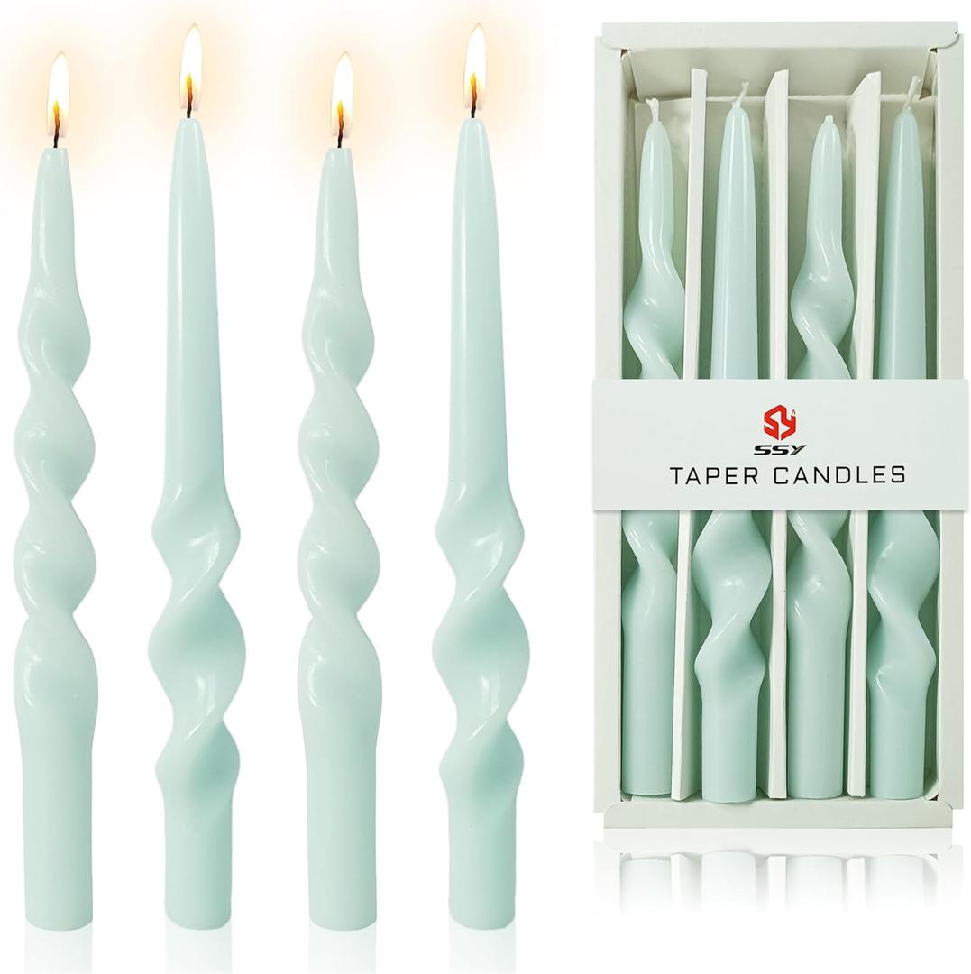 10 Inches Spiral Taper Candles Sticks Mint Green Twisted Candle Dripless Unscented Long Candles, Handmade Candlesticks for Wedding Dinner Decor, Set of 4