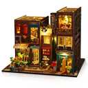 Hallisun DIY Miniature House Kit, Tiny 3D Wooden Street Scene, Mini Dollhouse Bookshelf Decor Kit with Dustproof Cover & Music Movement, Creative House Craft for Adults, Gift for Family and Friends