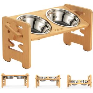 Vantic Elevated Dog Bowls, Adjustable Raised Dog Bowl Stand for Small Puppy and Cats, Sturdy Bamboo Pet Food Feeder with 2 Stainless Steel Dishes, Natural, for Small Dogs and Cats, Bamboo