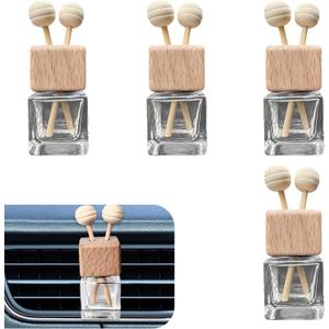 4 PCS Car Diffuser Bottles Empty, Wooden Caps Stick Fragrance Ornament with Vent Clip, Refillable Glass Diffuser Bottles, Universal for Most Cars, Trucks, SUVs (Transparent)