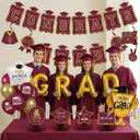 Maroon Gold Balloons Burgundy GRAD Print Balloons with Banner Table Honeycomb Centerpieces Hanging Swirl trophy star GRAD Letters Mylar Balloons for 2026 graduate Prom Decorations