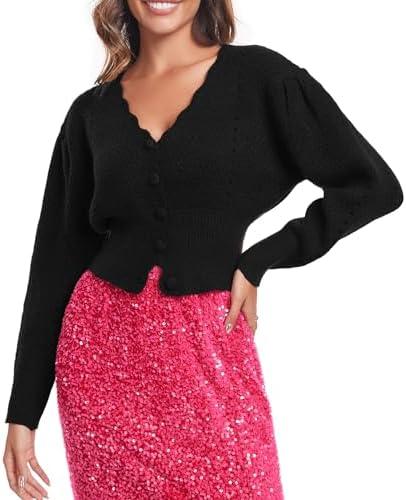 Women's Puff Short Sleeve Sweater V-Neck Button Knit Tops Crochet Soft Knitwear, Size Medium