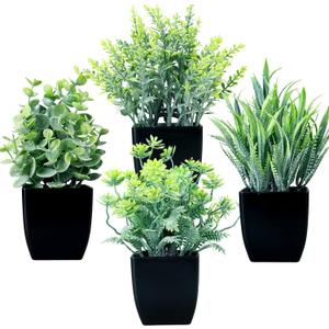 GREENTIME 4 Pack Fake Plants in Black Pot Small Artificial Eucalyptus Potted Plant Wheat Grass Mini Faux Greenery for Home Decor Indoor Office Table Room Farmhouse Bathroom Decorations