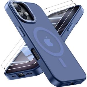 for iPhone 16 Case with 2X Screen Protectors [Compatible with MagSafe] Military Grade Drop Protection Skin Feeling Back Cover Shockproof Slim Fit iPhone 16 Phone Case 6.1 inch, Blue