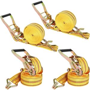 HUBun4 Pack Ratchet Tie Down Straps, 2" x 20 Feet, 8,000 lbs Break Strength, Heavy Duty Cargo Lashing Straps with Double J Hooks for Trucks, Trailers, and Moving (Yellow)