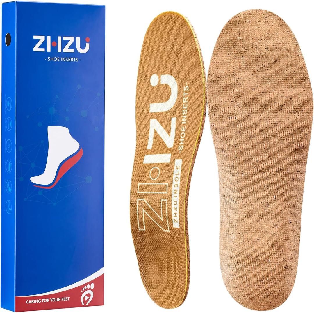 Cork Insoles for Arch Support – ZHZU Orthotic Shoe Insole for Plantar Fasciitis, Flat Feet, Running, Work Boots Breathable Trim-to-Fit Cork Shoe Inserts for Standing All Day/Yellow(Men8-10/Women9-11)