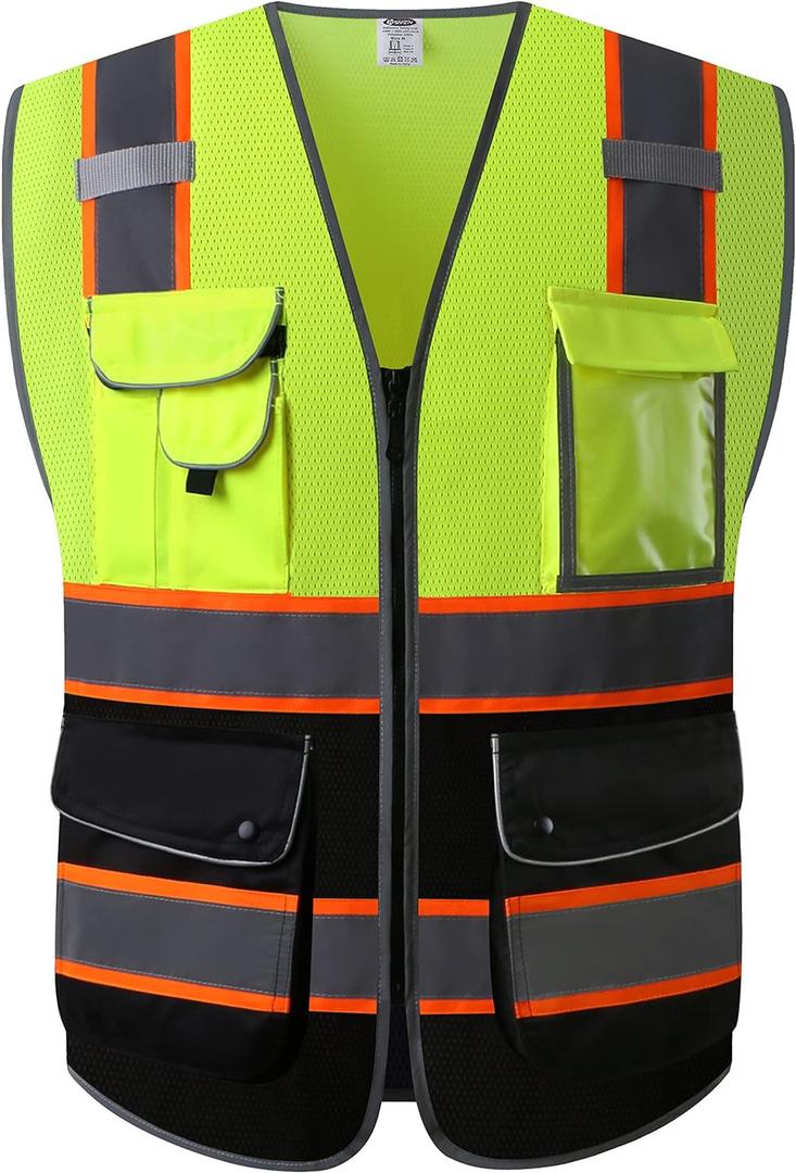 JKSafety 9 Pockets Hi-Vis Fluorescent Color Mesh Reflective Safety Vest for Men Women | Chaleco de seguridad para hombres y mujeres (100-Yellow-Black 4XL)