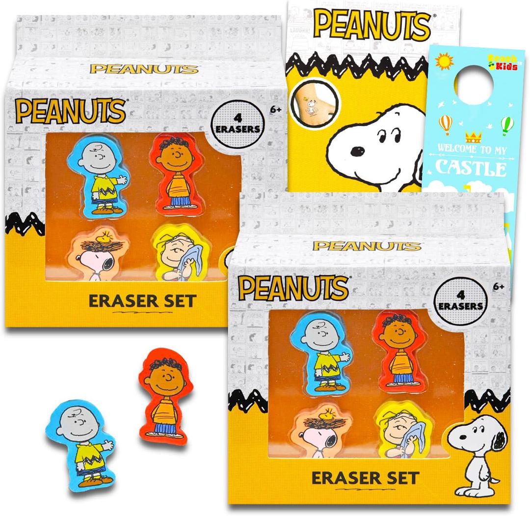 Peanuts Party Favor Set - Bundle with 8 Erasers Featuring Snoopy, Charlie Brown, More Plus Tattoos | Peanuts Party Supplies Kit for Kids, Boys, Girls