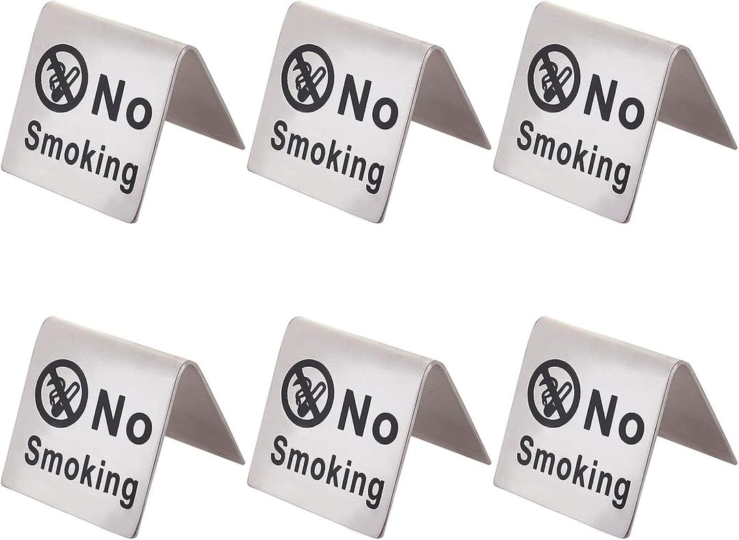 AHANDMAKER 6 Pcs Stainless Steel No Smoking Table Sign, Double Side Stainless Steel No Smoking Sign Card, No Smoking Table Tent Signs, Restaurant Office Non-Smoking Desk Logo Indicator, 1.91x1.67"