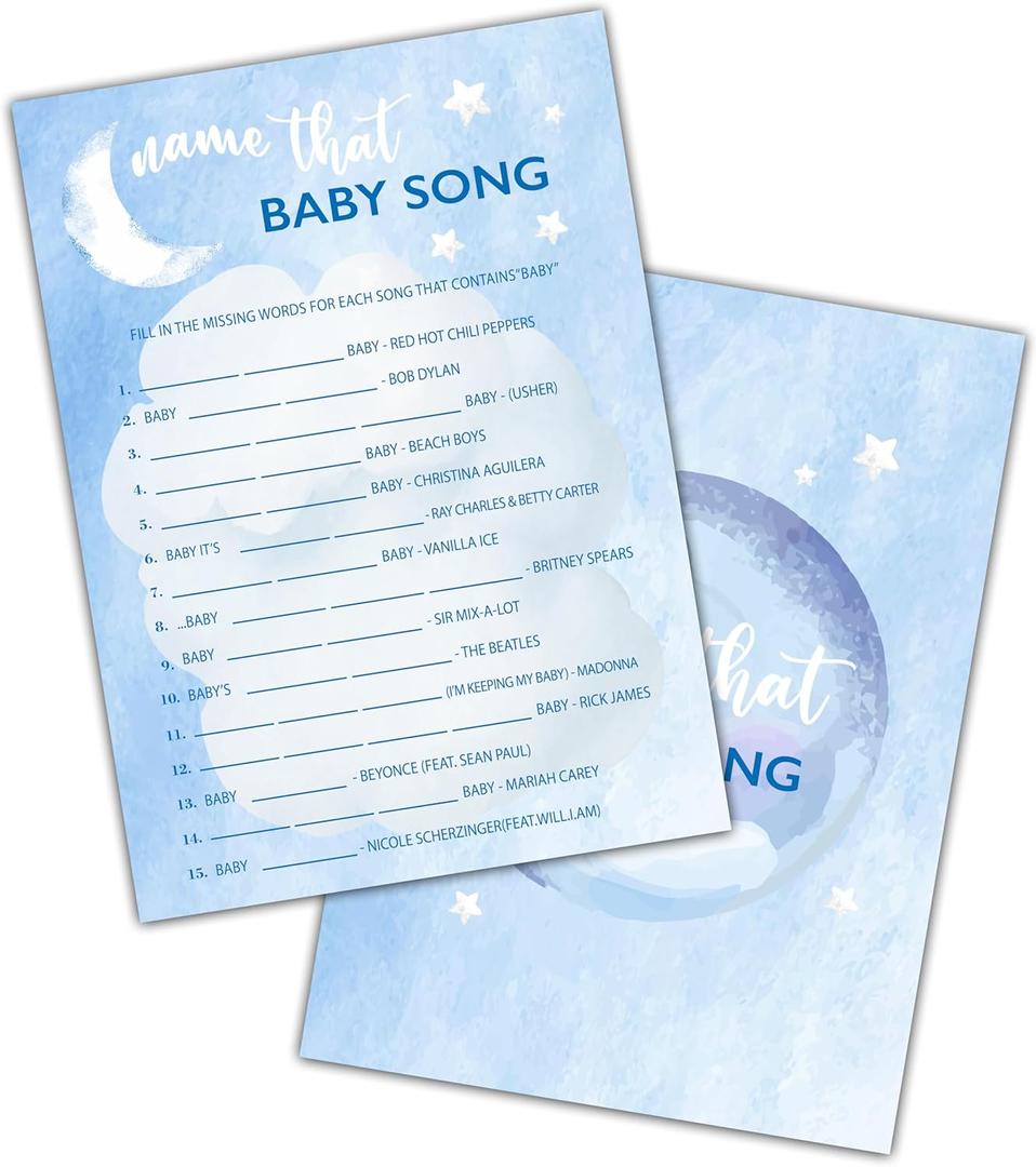 6 x Baby Shower Games, Over The Moon Baby Shower Decorations, Name That Baby Song Gender Reveal Games Cards For Baby Shower party, Gender Reveal Party, Set Of 25 Game Cards (C03)