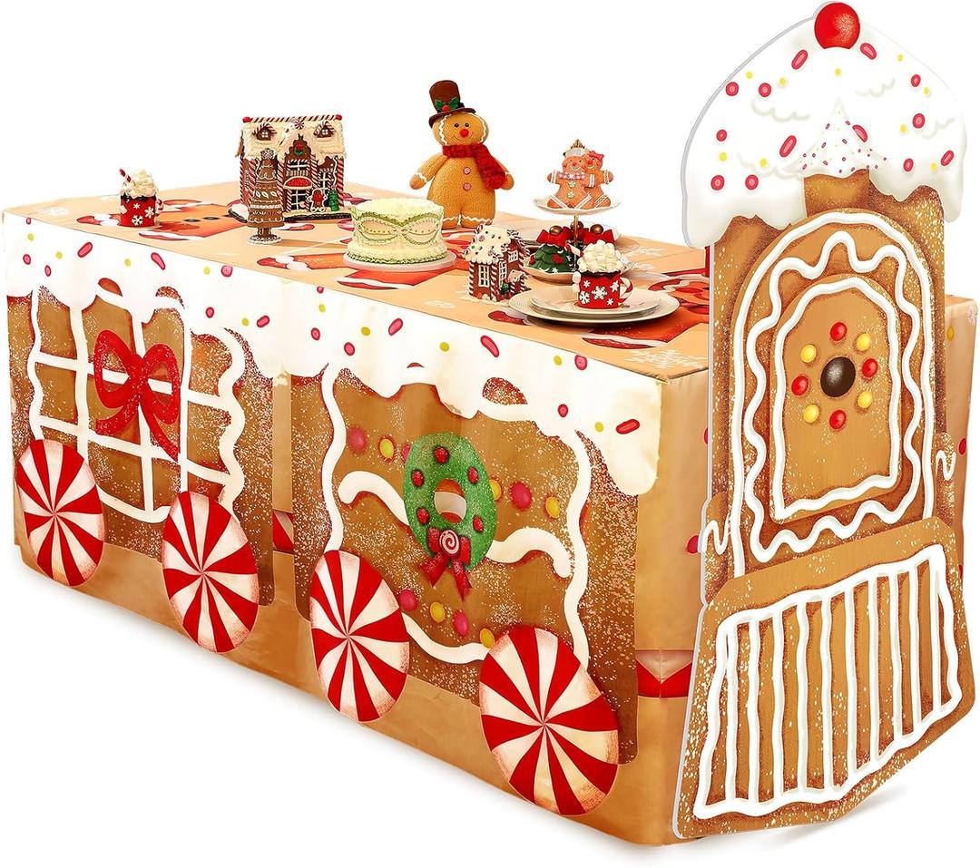 Oudain 2 Pcs Christmas Gingerbread House Decoration Christmas Gingerbread Train Table Decoration with Ginger Bread Man Tablecloth Xmas Candy Cardboard Cutout for Birthday Party School Classroom Decor