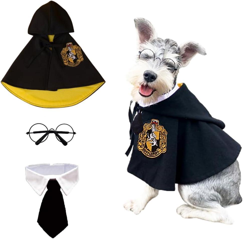 ANIAC 3PCS Halloween Dog Costume Cat Wizard Cape Glasses and Necktie Set Halloween Puppy Outfit Pet Academy Magician Cosplay Apparel for Kitten Cat Small Dogs (Black+Yellow, Medium)