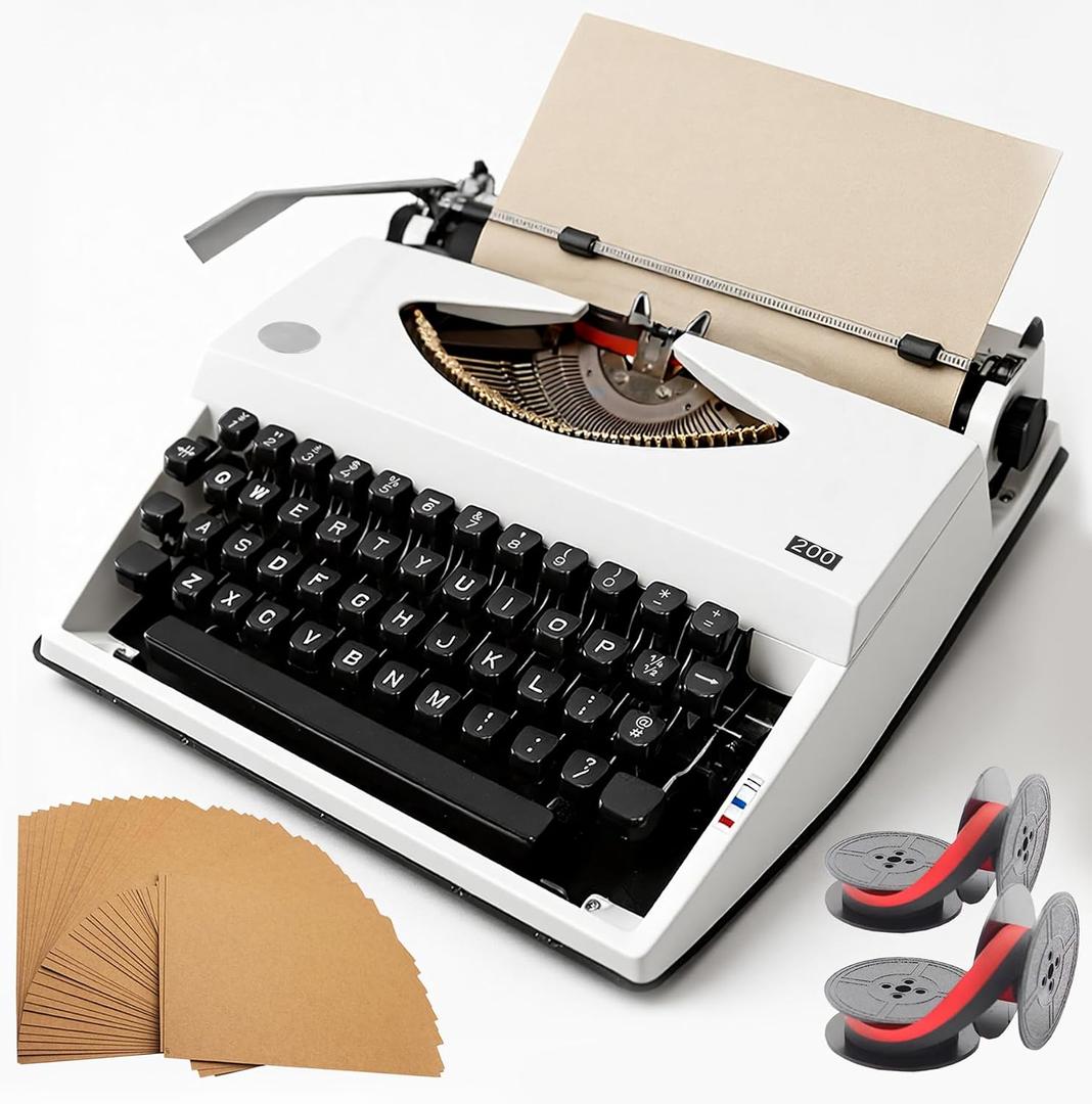 White Retro-Style Manual Typewriter, Mechanical Keys Typing Machine with Carrying Case, Includes 2 Ink Ribbons and 100 Kraft Paper Sheets, Collectible Desk Decor