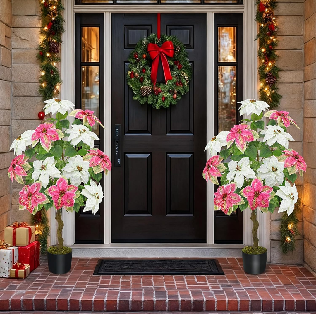 MHMJON 3 ft Christmas Tree for Front Porch Decor, 2 PCS Outdoor Pathway Christmas Trees Faux Topiary Plants Potted UV Resistant for Outdoor Indoor Door Garden Farmhouse Home Decoration, Pink White