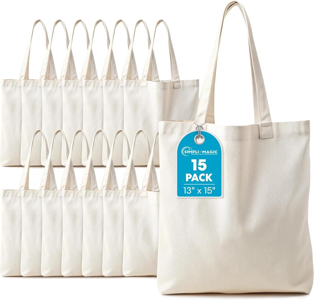 Simpli-Magic Canvas Tote Bag 13"x15" (15 Pack) – Thick Shopping Canvas Tote Bags Bulk – Blank Reusable Grocery Bags for DIY Art & Craft, Sublimation 79163 (Beige)