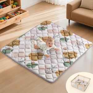 47x47IN Baby Play Mat - Tummy Time Mat for Babies 6-12 Months - Non-Slip Safe Crawling Mat for Indoor & Outdoor - Soft Foam Foldable Cushion Babycare Playmat for Kids Playpen & Machine Washable, Boho