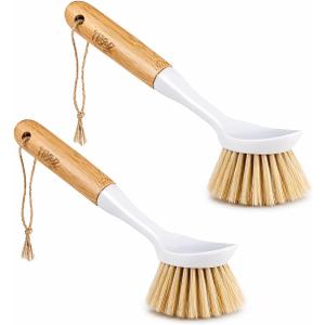 Kitchen Dish & Cast Iron Brush with Scraper, [2 Pack] Skillet Scrub Cleaner with Handle, Kitchen Cleaning Scrubber for Dishes, Pots, Cast Iron Skillet, Non-Stick Frying Pans, Sinks and House Cleaning