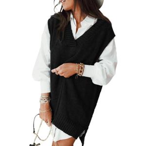EVALESS Oversized Sweater Vest for Women V Neck Sleeveless Solid Color Loose Pullover Sweater (Large, D Black)