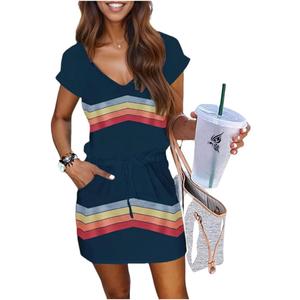Women's Summer A-Line Mini Dress with Lantern Sleeves Square Neck Tie Front Double Layer Hem Casual Party Dress (M)