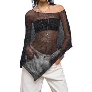 Verdusa Ponchos for Women Off The Shoulder Concert Outfits Rave Top Beach Coverup (Small, Black)