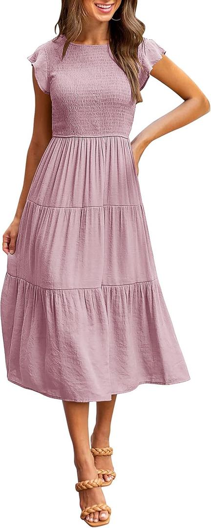 MEROKEETY Women's Flutter Short Sleeve Smocked Midi Dress Summer Casual Tiered A-Line Dress (Pink, XL)