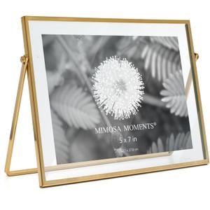 MIMOSA MOMENTS 5x7 Brass Metal Floating Picture Frame, Horizontal Double Glass Tabletop Display, Modern Minimalist Photo Frame for Home & Office Decor (7x5)
