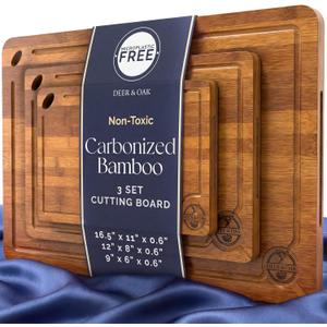 Pre-Oiled, Non Toxic 3-Piece Carbonized Bamboo Cutting Board Set, Eco-Friendly Wooden Chopping Boards for Kitchen with Hanging Hole, 500F Carbonized Technology Charcuterie Serving Boards Deer & Oak