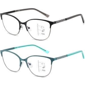 Progressive Multifocal Reading Glasses Women Cat Eye No Line Multifocus Transition Blue Light Reader Lady Metal Frame, Black & Green, 1.75 Diopters