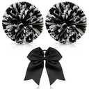 Hanaive 3 Pcs Cheerleading Pom Poms and Large Cheerleader Hair Bow Metallic Cheer supplies for Team Spirit Sports Dance Cheering(Black Mixed White,Matte)