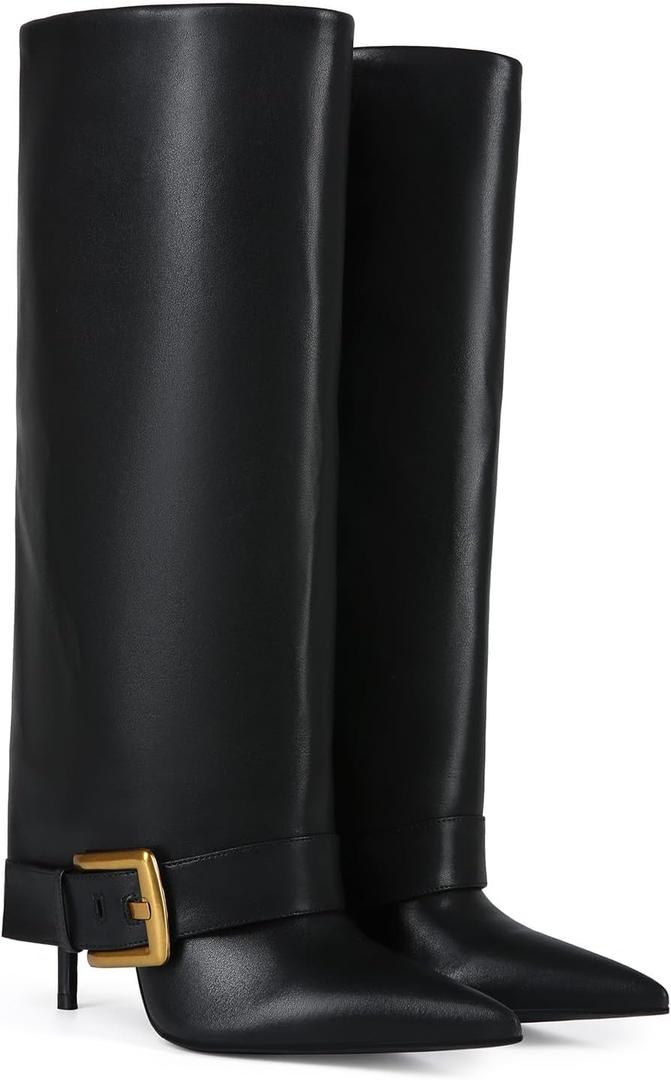 Fold Over Boots for Women, Heeled Knee High Leather Boots with 4-Inch Stiletto Heel, Wide Calf & Shark Boots for Casual and Evening Wear (9.5, Black)