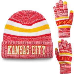 Vintage Classic Skull Cap 3D Embroidery Beanie Cuffed Winter Hat Knit Comes with Warm Gloves Fasion Gifts for Men Women Fans (Kansas City C)