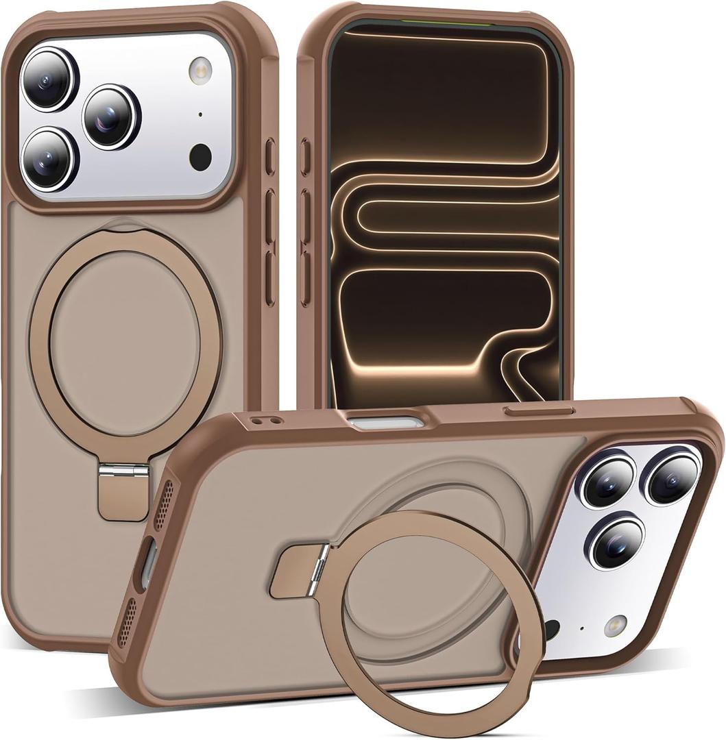 SKYLMW Compatible with iPhone 17 Pro Case with Invisible Magnetic O-Ring Stand Military-Grade Translucent Phone Case for iPhone 17 Pro 6.3" [Compatible with Mag-Safe][Great Grip Feeling],Desert Brown