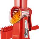 SUSTEAS Rotary Cheese Grater with Handle - Vegetable Shredder with 5 Well-designed Blades & Strong Suction Base,Round Mandoline Slicer & Food Chopper for Kitchen,with Blade Storage Box(Red)