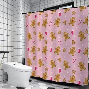 GPGHE Pink Christmas Gingerbread Decorations Shower Curtain Holiday Bathroom Gingerbread Man Curtain with 12 Hooks 71x71 Inch