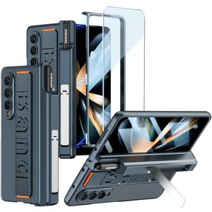 Case for Samsung Galaxy Z Fold 4 Magnetic Hinge Protective with Wristband and S Pen Slot, Luxury PC Shockproof Non-Slip Hand Strap Cover with Screen Protector for Samsung Z Fold 4 (Without Pen),Green