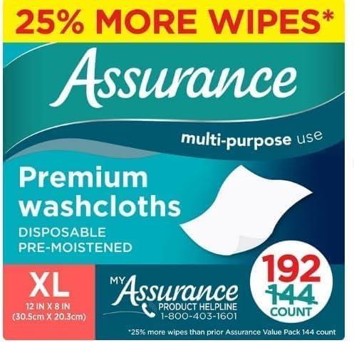 Assurance Premium Disposable Washcloths, XL 96 Count (Pack of 2), White, ASS-96-01