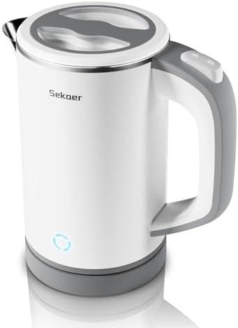 Sekaer Small Electric Tea Kettle Stainless Steel 0.8L Portable Travel Hot Water Boiler, Mini Electric Coffee Kettle with Auto Shut-Off & Boil Dry Protection, Cordless Base & White
