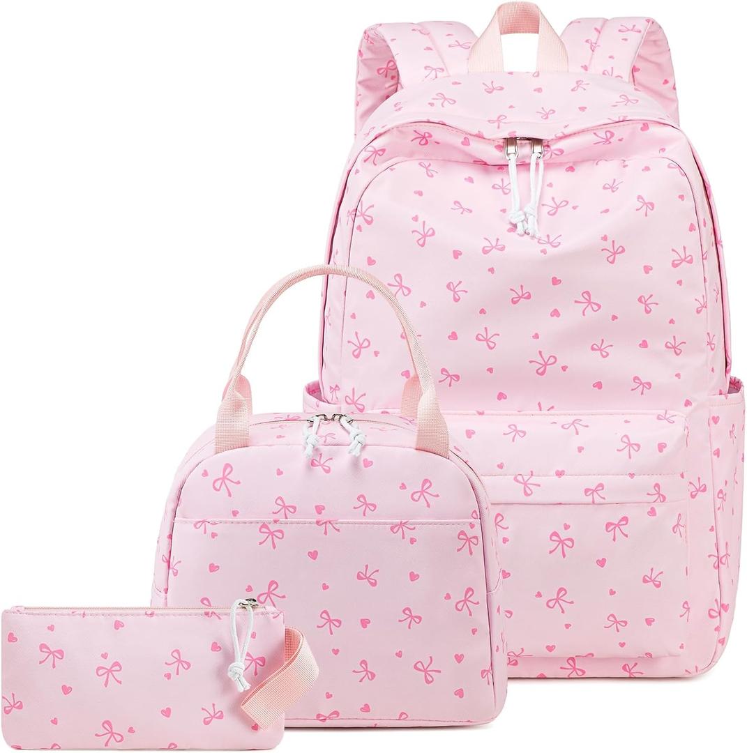 CAMTOP Backpack for girls backpack with lunch box set kids backpack for School Bookbag (Pinck Bow Heart)