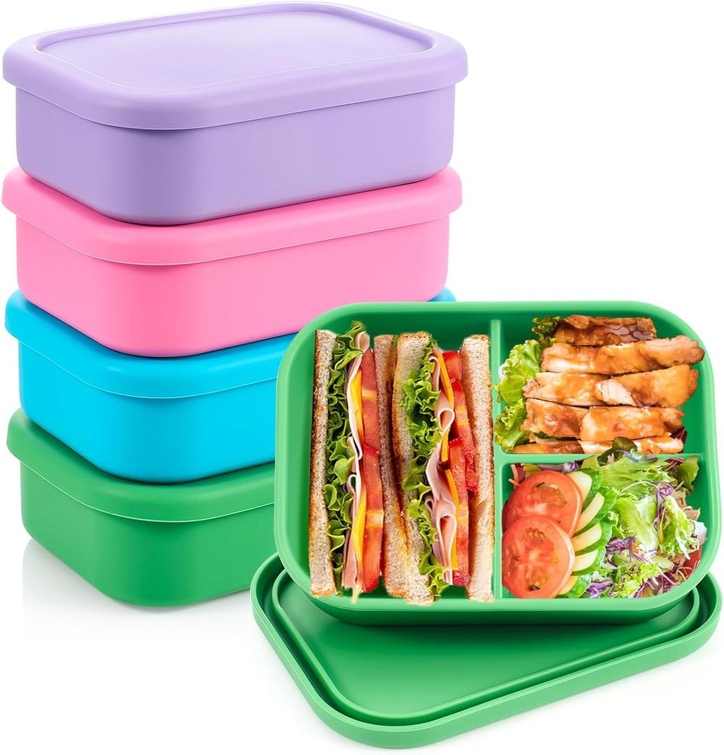 Layhit 4 Pcs Silicone Bento Box for Adults, 27 oz Bento Lunch Container Reusable 3 Compartment Lunchable Food Container for Women Men, Leak Proof Microwave Dishwasher Freezer Safe (Bright Colors)
