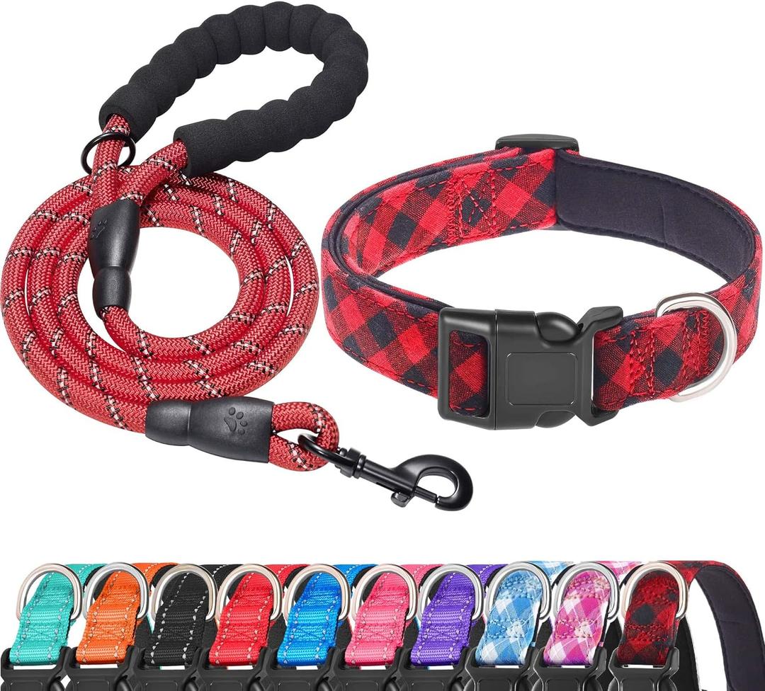 Ladoogo Reflective Dog Collar Padded with Soft Neoprene Breathable Adjustable Nylon Dog Collars for Small Medium Large Dogs (X-Small (Pack of 1), Red Plaid Collar+Leash)