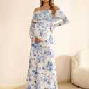KUTUMAI Off Shoulder Strecth Maternity Dress Long Sleeve Floral Maxi Wedding Guest Pregnancy Baby Shower Photoshoot Dresses (Blue, L)