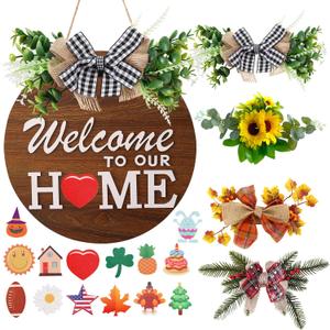 Interchangeable Welcome Sign for Front Door with 4 Seasonal Wreaths and 14 Changeable Icons, Farmhouse Front Door Signs, Door Decoration Porch Decor, Seasonal Wooden Home Sign home dcor (6wood)