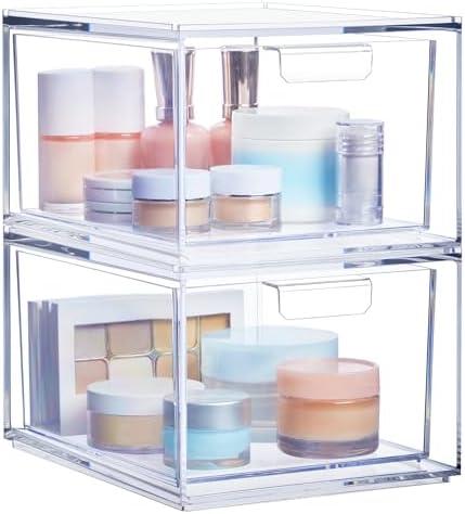 STORi Audrey Stackable Clear Bin Plastic Organizer Drawers | 2 Piece Set | Organize Cosmetics and Beauty Supplies on a Vanity | Made in USA