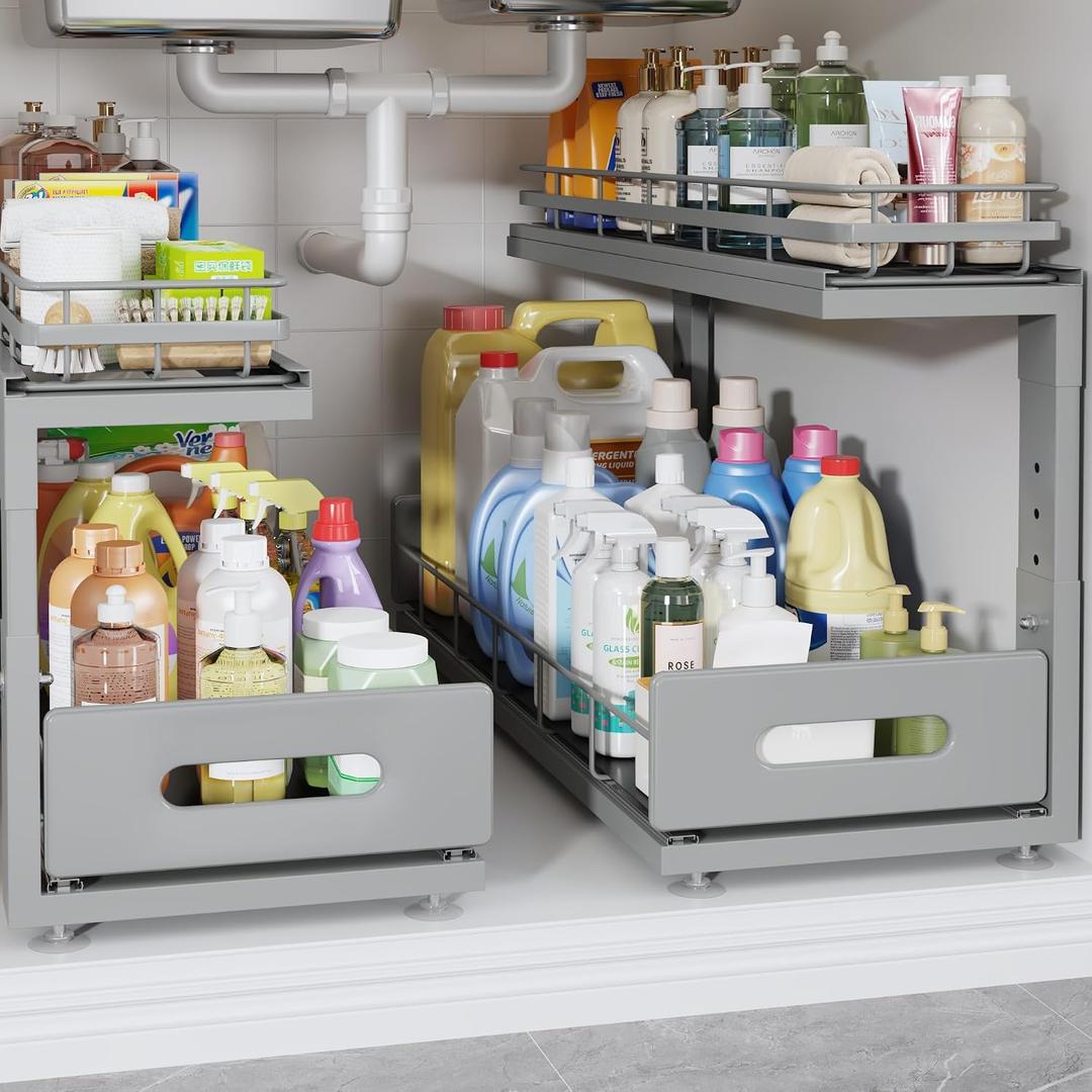 Under Sink Organizer Upgrade To Professional Rails,2-Tier Dual Pull Out Cabinet Storage,Height Adjustable Slide Out Drawers For Bathroom Kitchen,2 Pack-21"Dx12.8"-16.9"H, Gray