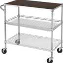 Finnhomy 3 Tier Heavy Duty Commercial Grade Utility Cart with Wood Top, Wire Rolling Cart with Wheels and Handle Bar, Kitchen Carts on Wheels, 18x36x35.4 H Metal Cart with 600 LBS Capacity, Chrome