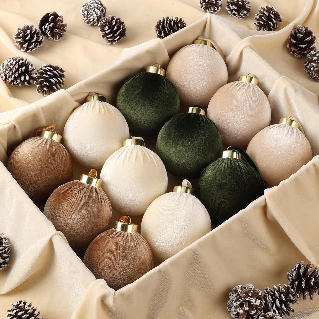 12 Pack Velvet Christmas Ball Ornaments Large Flocked Christmas Tree Hanging Ornaments Shatterproof Flocked Decorative Balls for Xmas Tree Decorations (Earth Tone, 3.15inch)