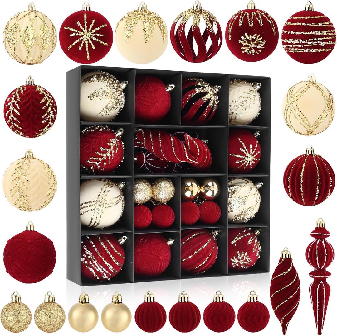 32 Pieces Christmas Ornament Set, Red Velvet Ornaments for Christmas TreeChristmas Tree Hanging Ball Decorations Assortmentfor Holiday, Wedding, Party Decor