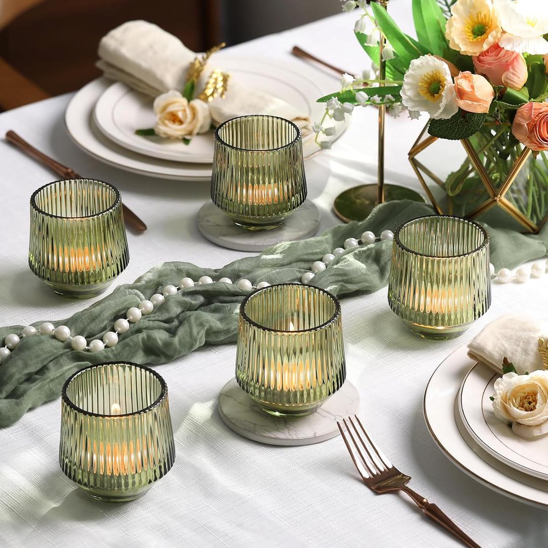 LAMORGIFT 6 Pcs Large Green Candle Holder for Wedding Table Decor-3.15"×3.15" Green Votive Candle Holders for Rustic Wedding Centerpieces, Bridal Shower Decor, Tea Party Decorations